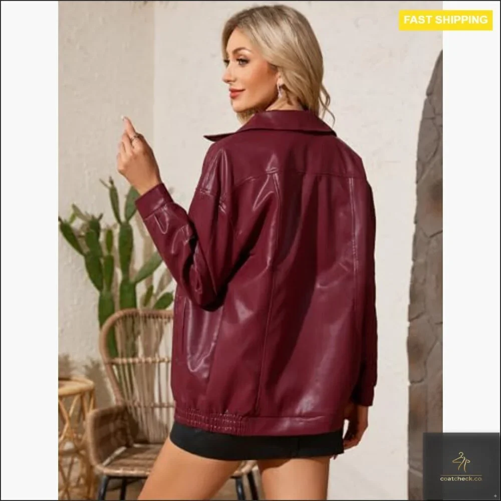 Oversized Faux Leather Bomber Jacket Motorcycle Style with Pockets